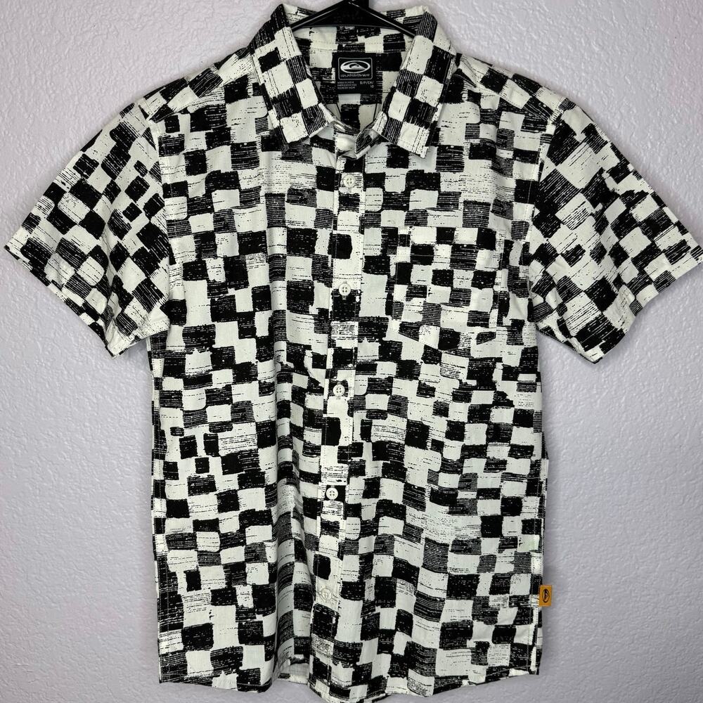 Quiksilver Boys Button Up Shirt S 10 Black White Geometric Print NWT